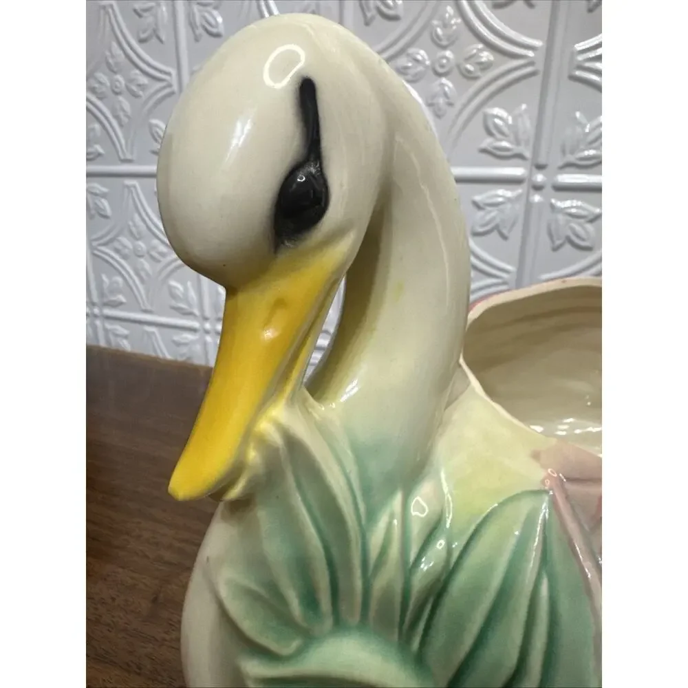 Vtg. Style Swan Ceramic Floral Colorful Large Planter Good Condition Great Color